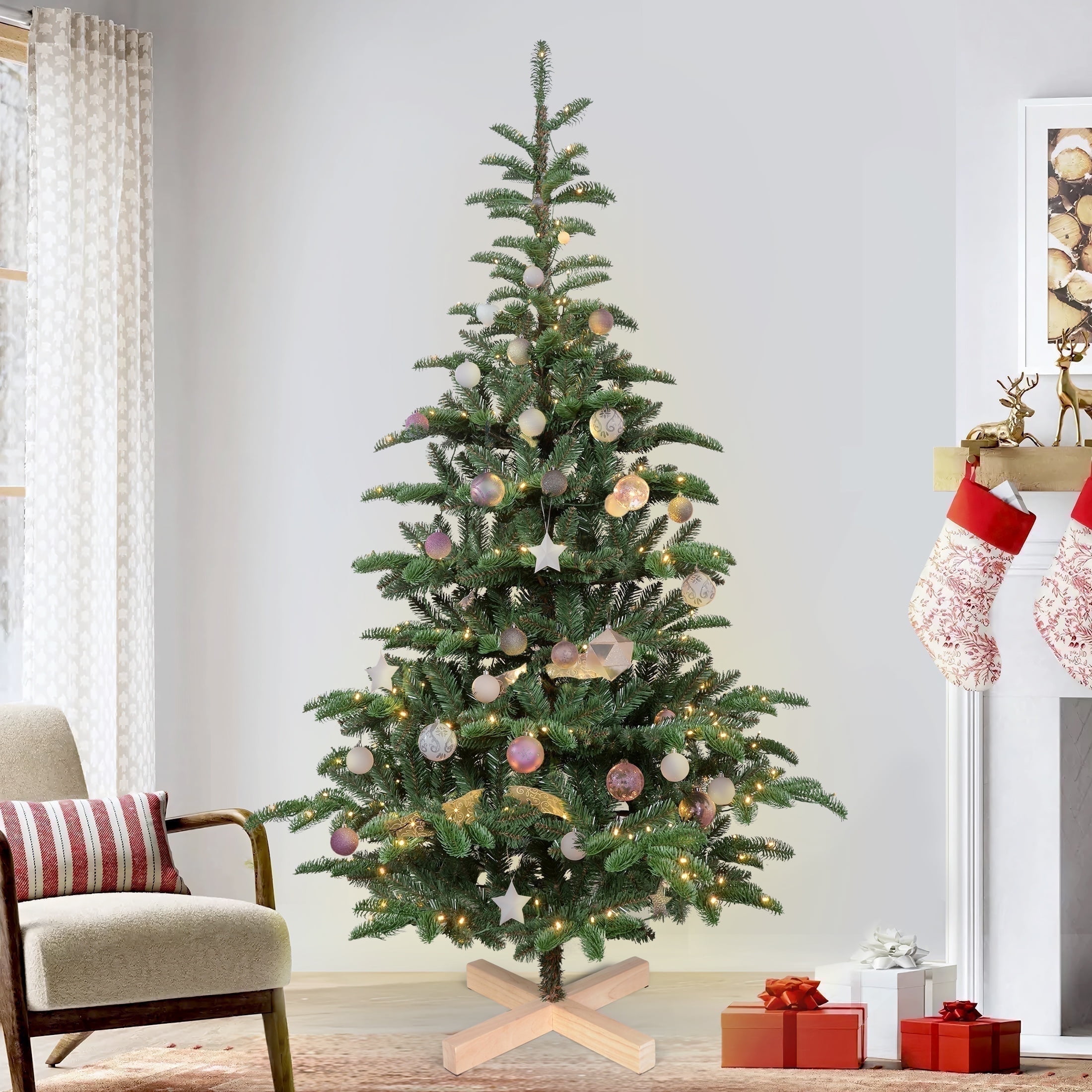 Christmas Trees 5 ft Pre lit, Bringstar Wooden Stand Tree w/ 403 PE PVC Mixed Tips, 200 Lights